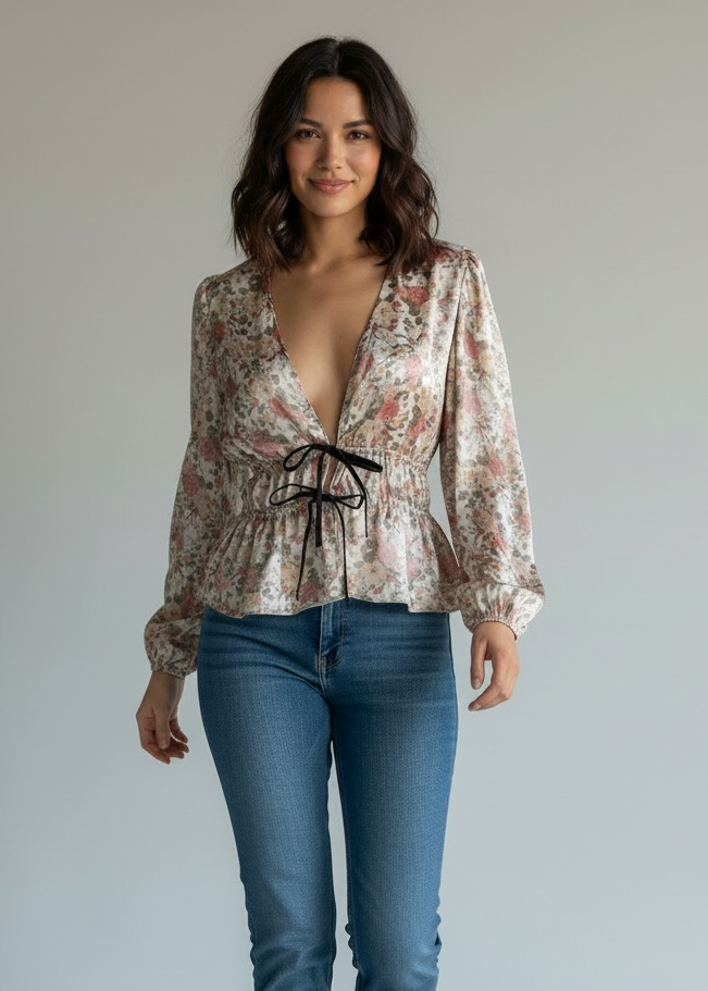 Woman wearing a floral blouse and blue jeans against a plain background