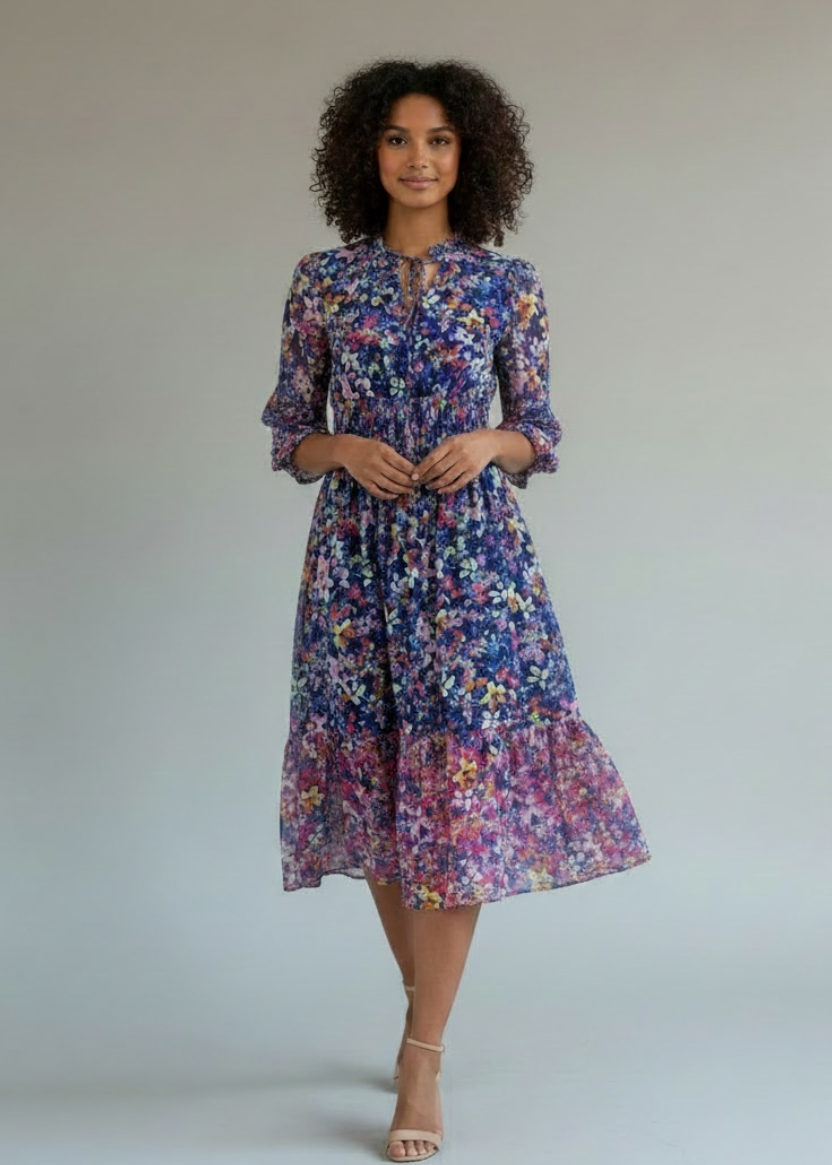 Woman wearing a floral dress against a plain background