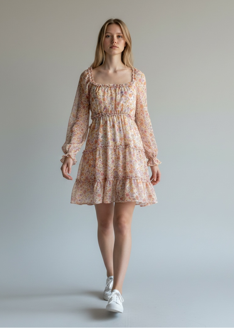 Woman wearing a floral dress against a plain background