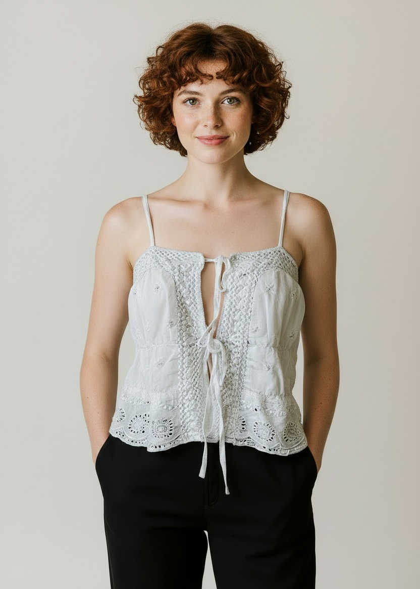 Woman wearing a white lace top and black pants against a plain background