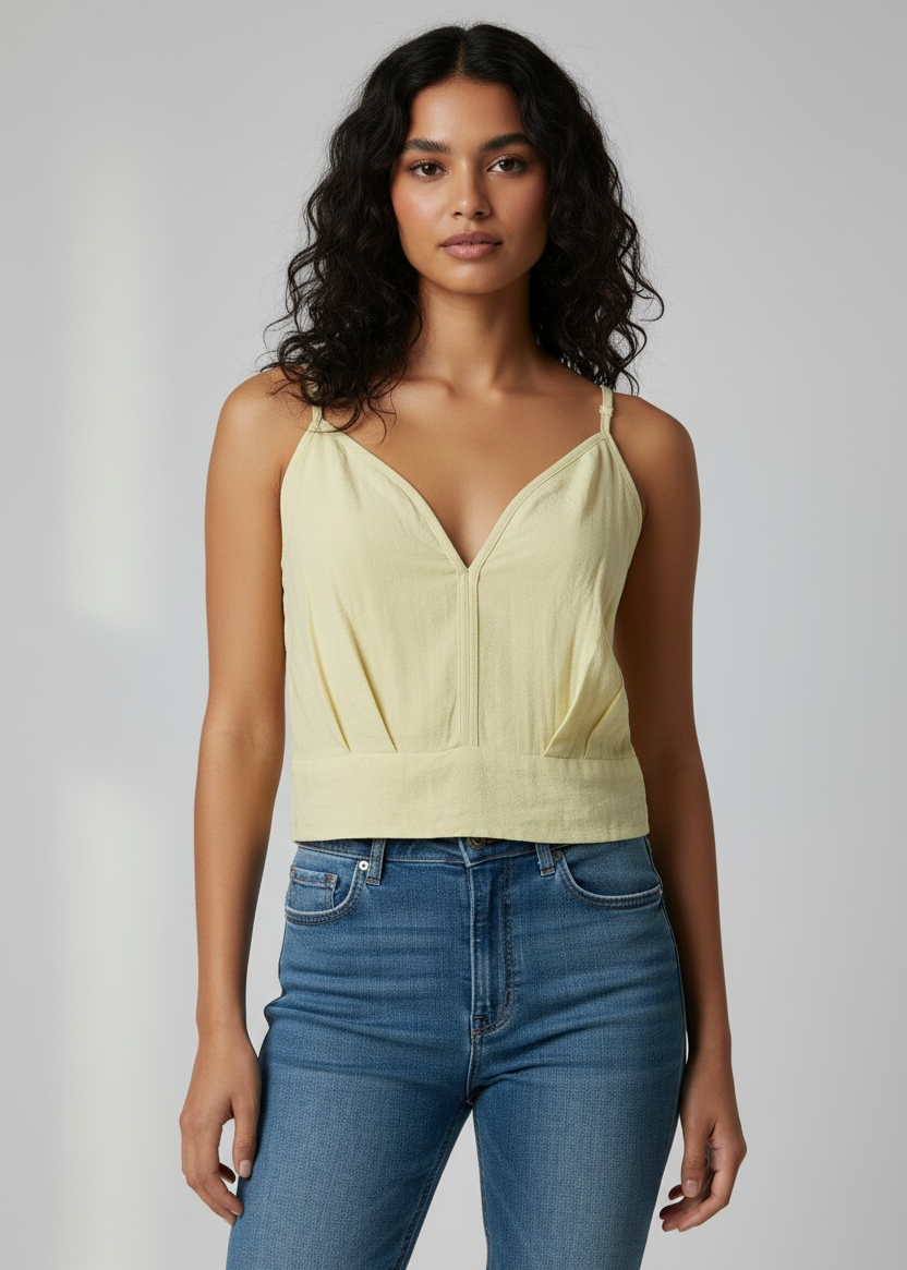 Woman wearing a light yellow top and blue jeans against a plain background