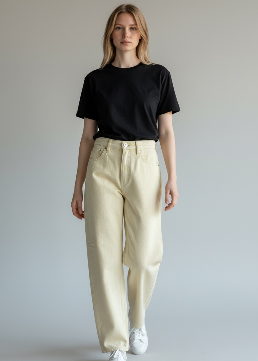 Person wearing a black t-shirt and beige pants on a plain background