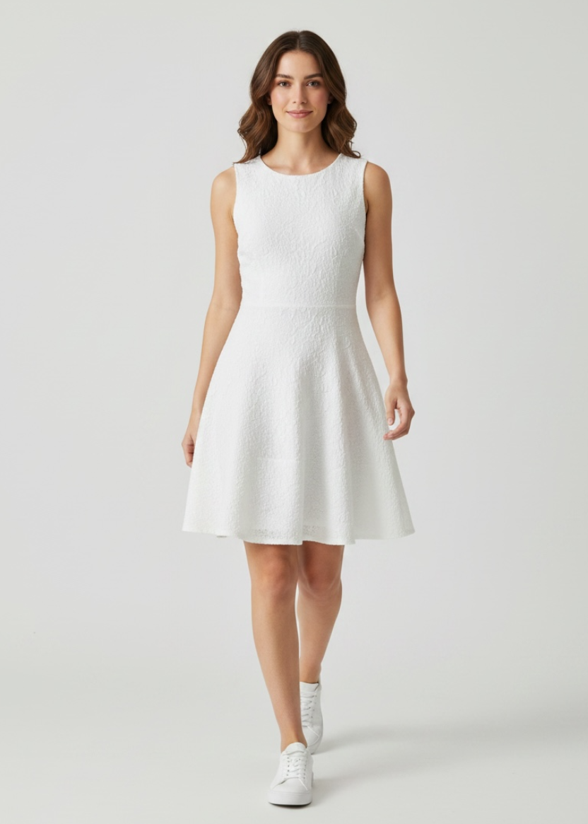 Woman wearing a white sleeveless dress on a plain background