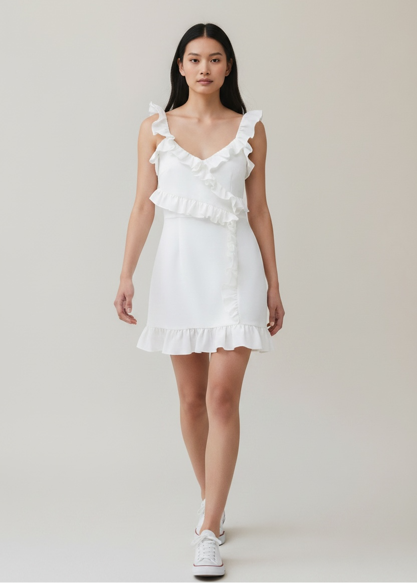 Woman wearing a white dress with ruffled details on a plain background