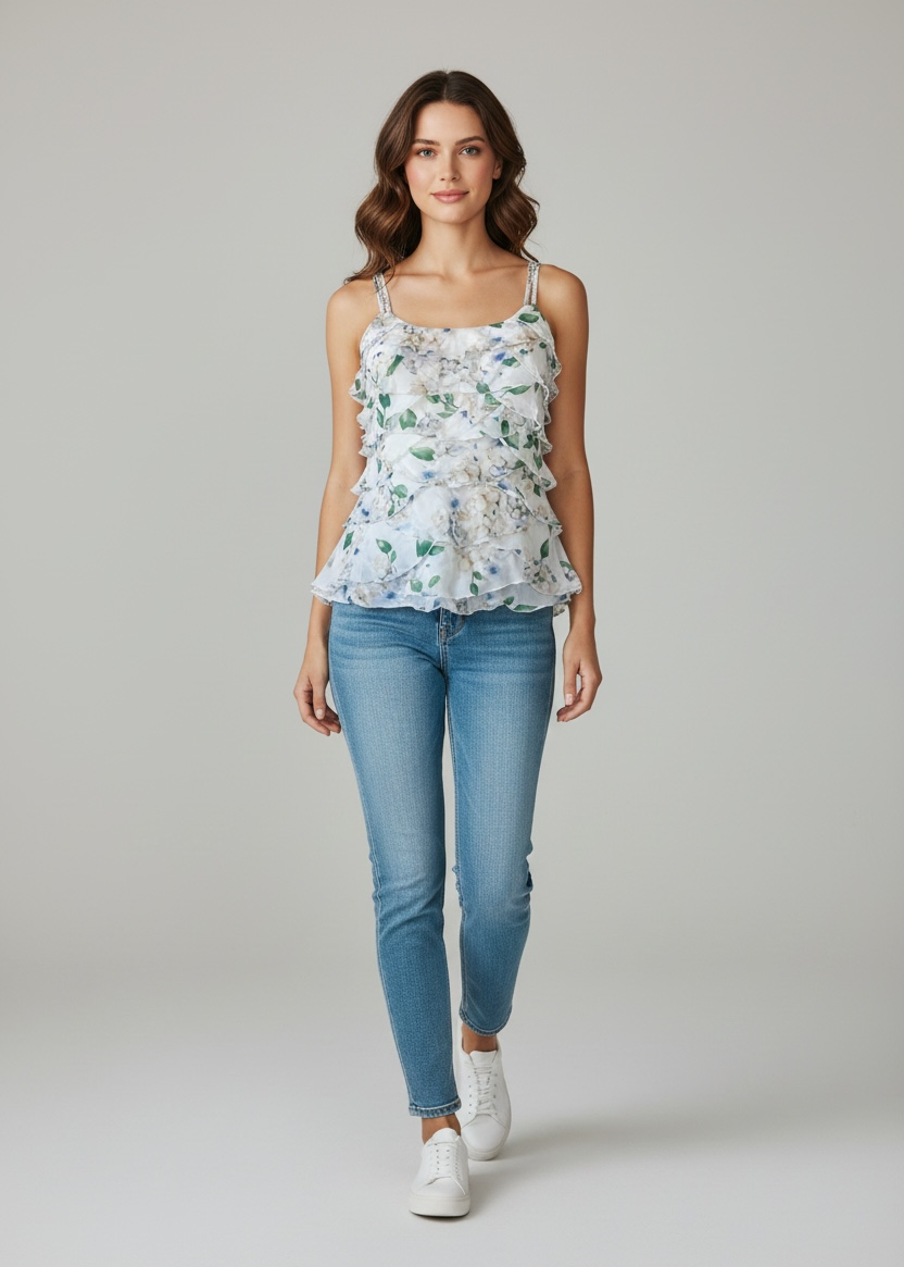 Woman wearing a floral top and blue jeans on a plain background