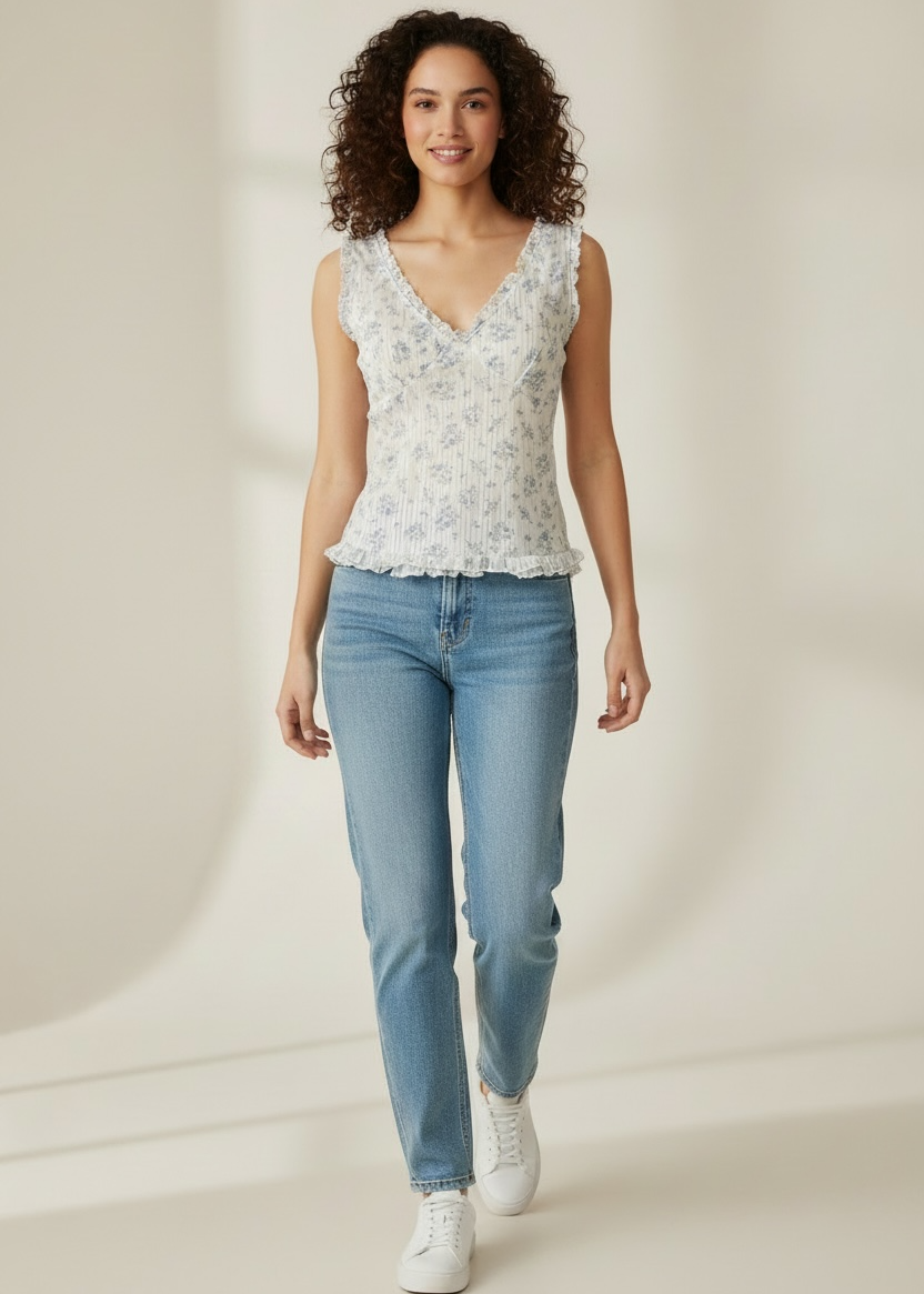 Woman wearing a floral sleeveless top and light blue jeans on a beige background