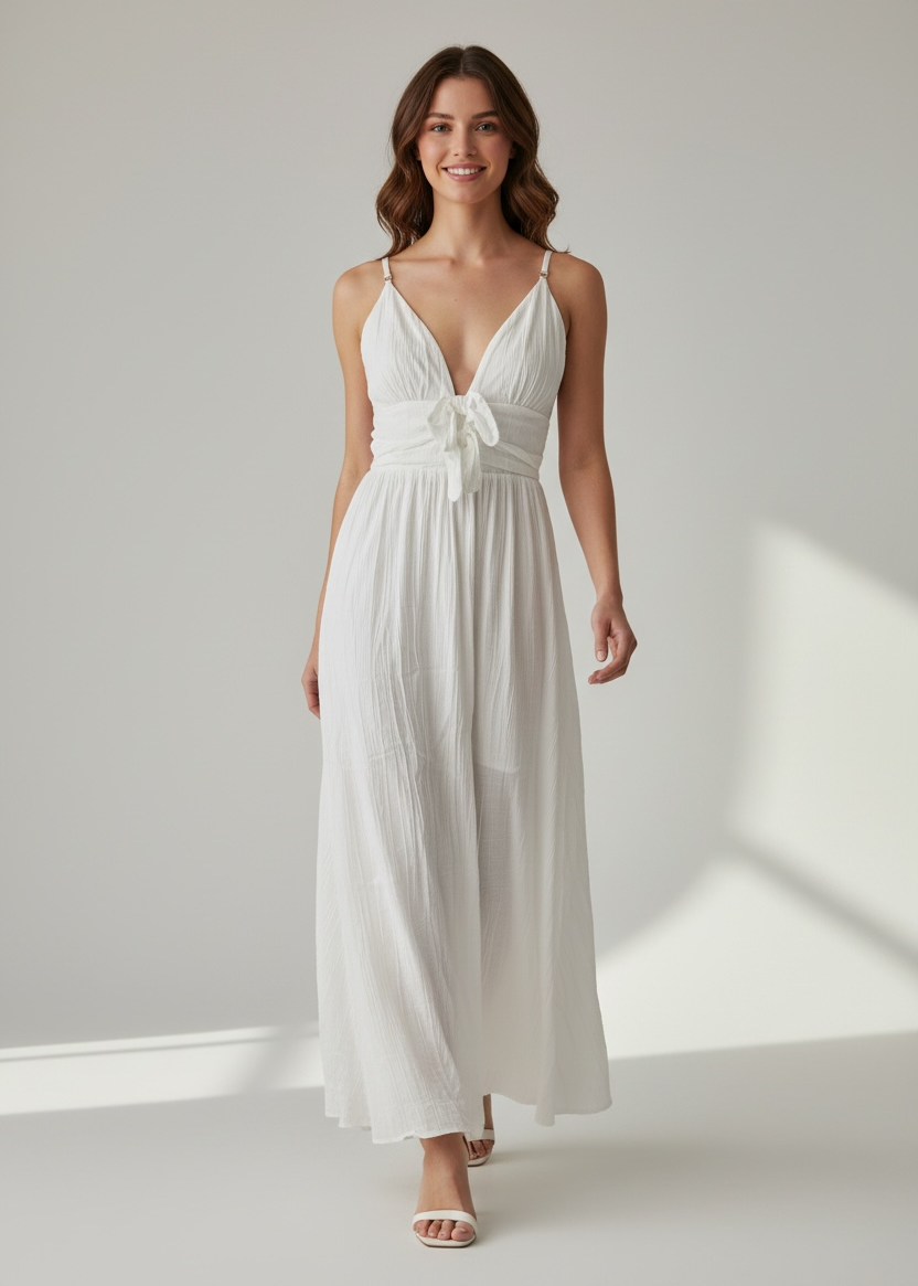 Woman wearing a white dress with a bow detail in a bright room