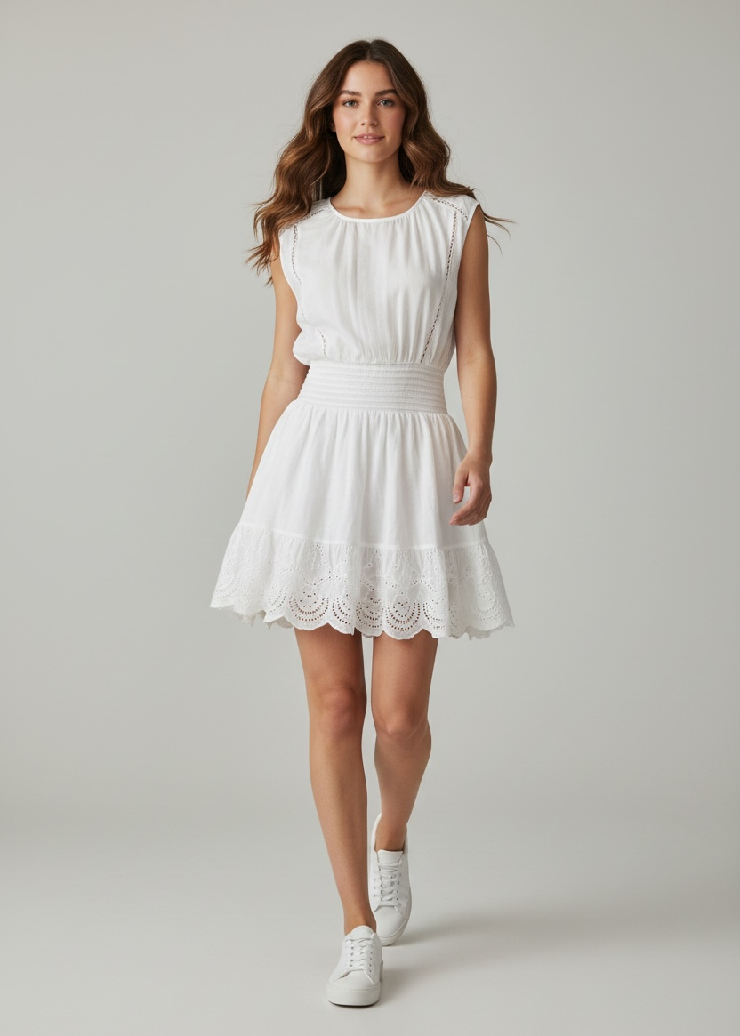 Woman wearing a white dress with lace details on a plain background