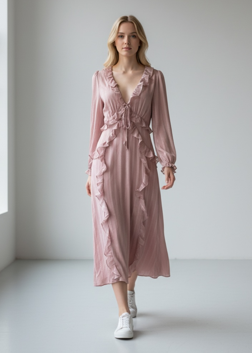 Woman wearing a pink dress standing in a minimalistic room with a window.