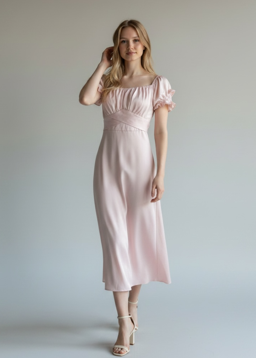Woman wearing a pink dress against a plain background