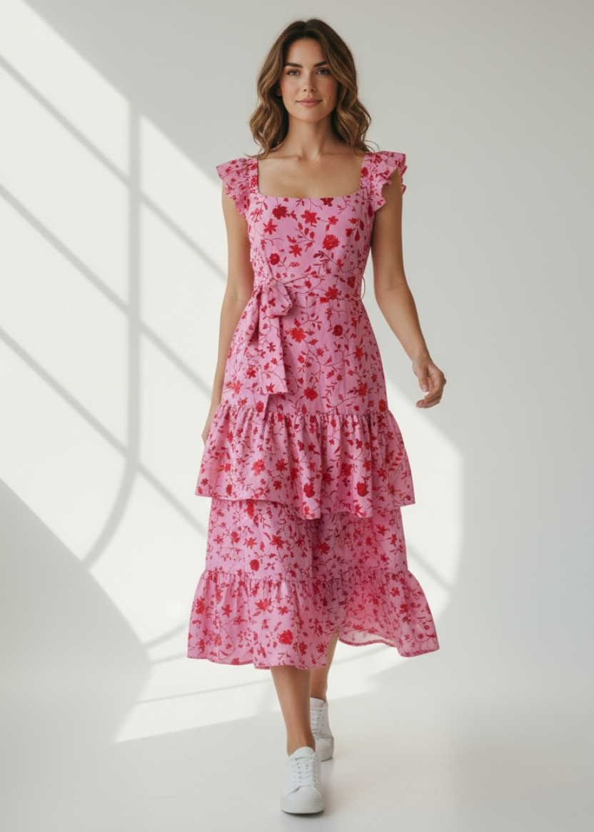 Woman wearing a pink floral dress standing in a well-lit room with sunlight filtering through.