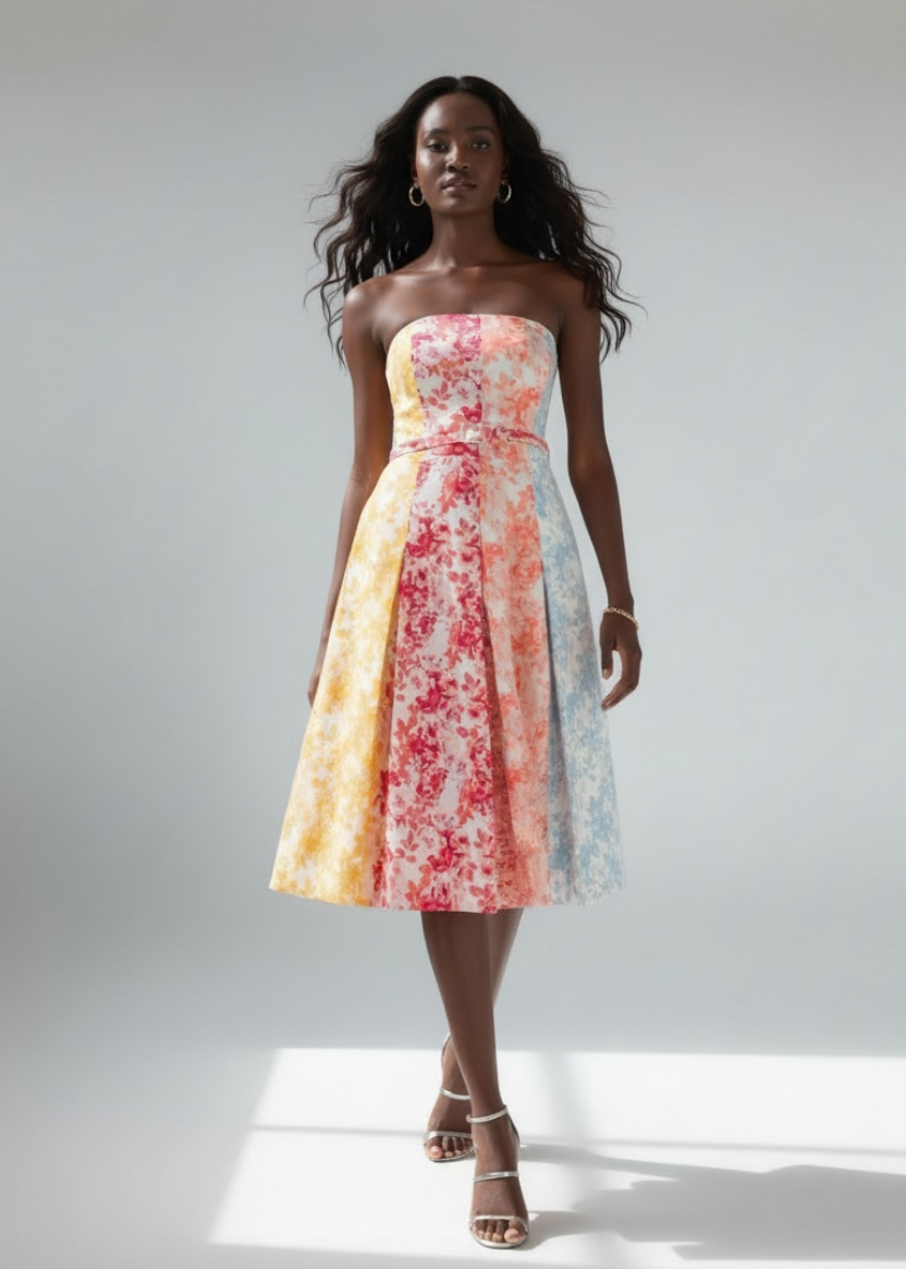 Woman wearing a strapless floral dress against a plain background