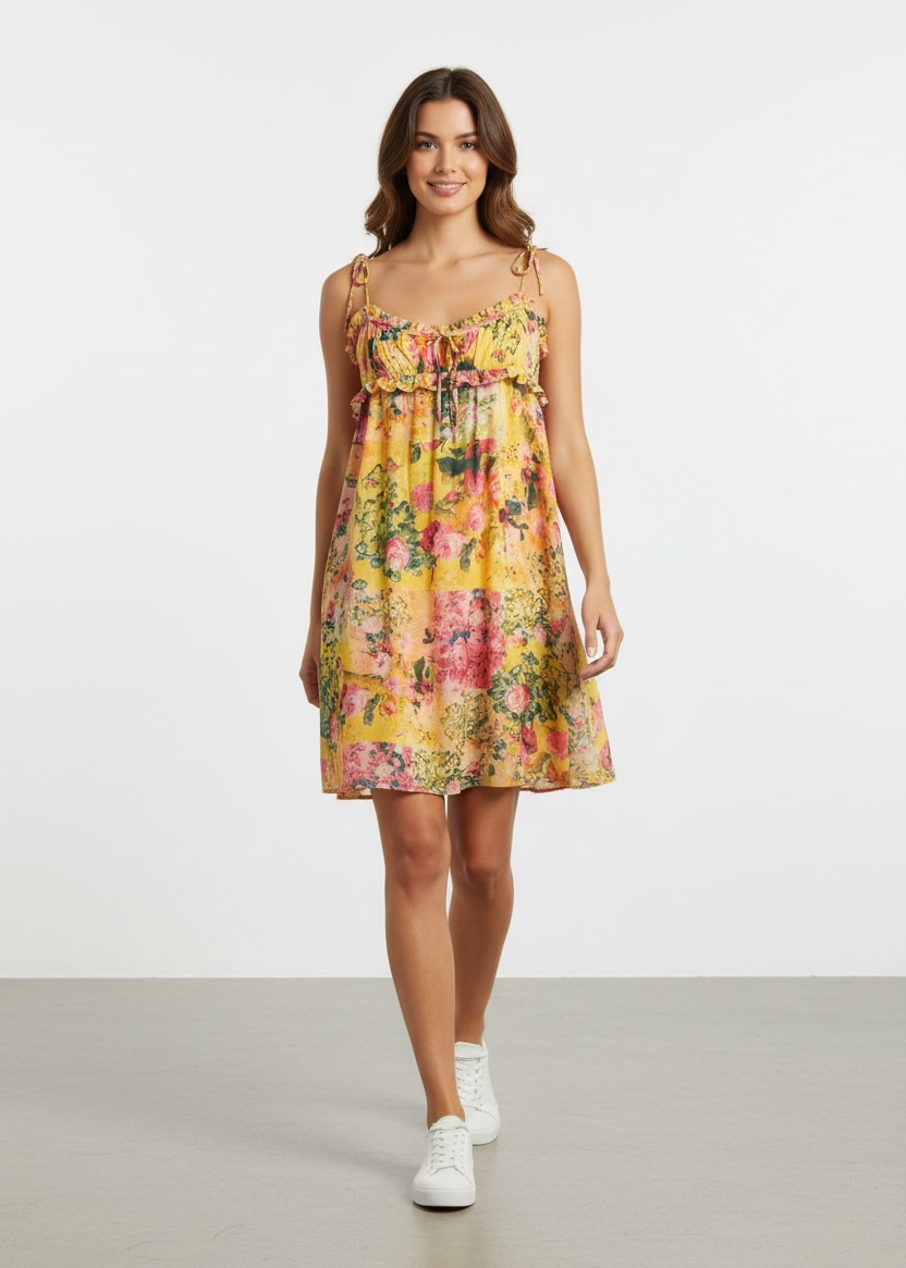 Woman wearing a floral dress on a plain background