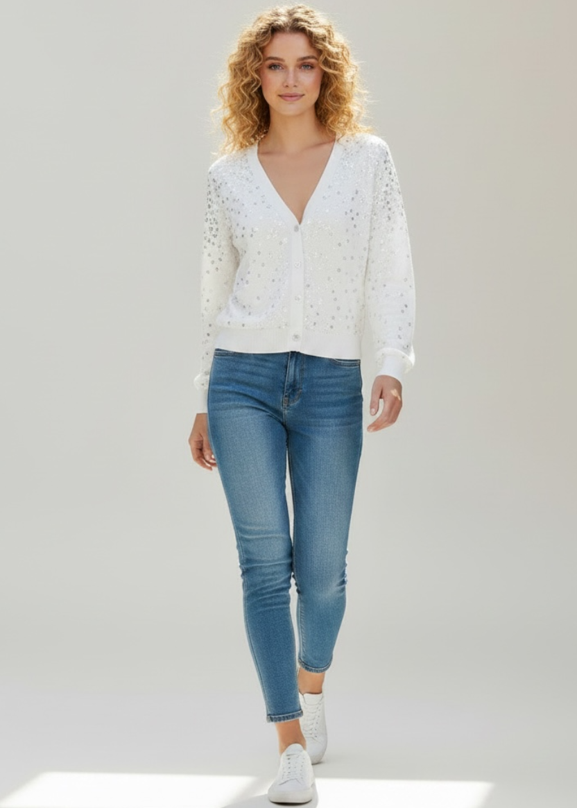 Woman wearing a white blouse and blue jeans on a plain background