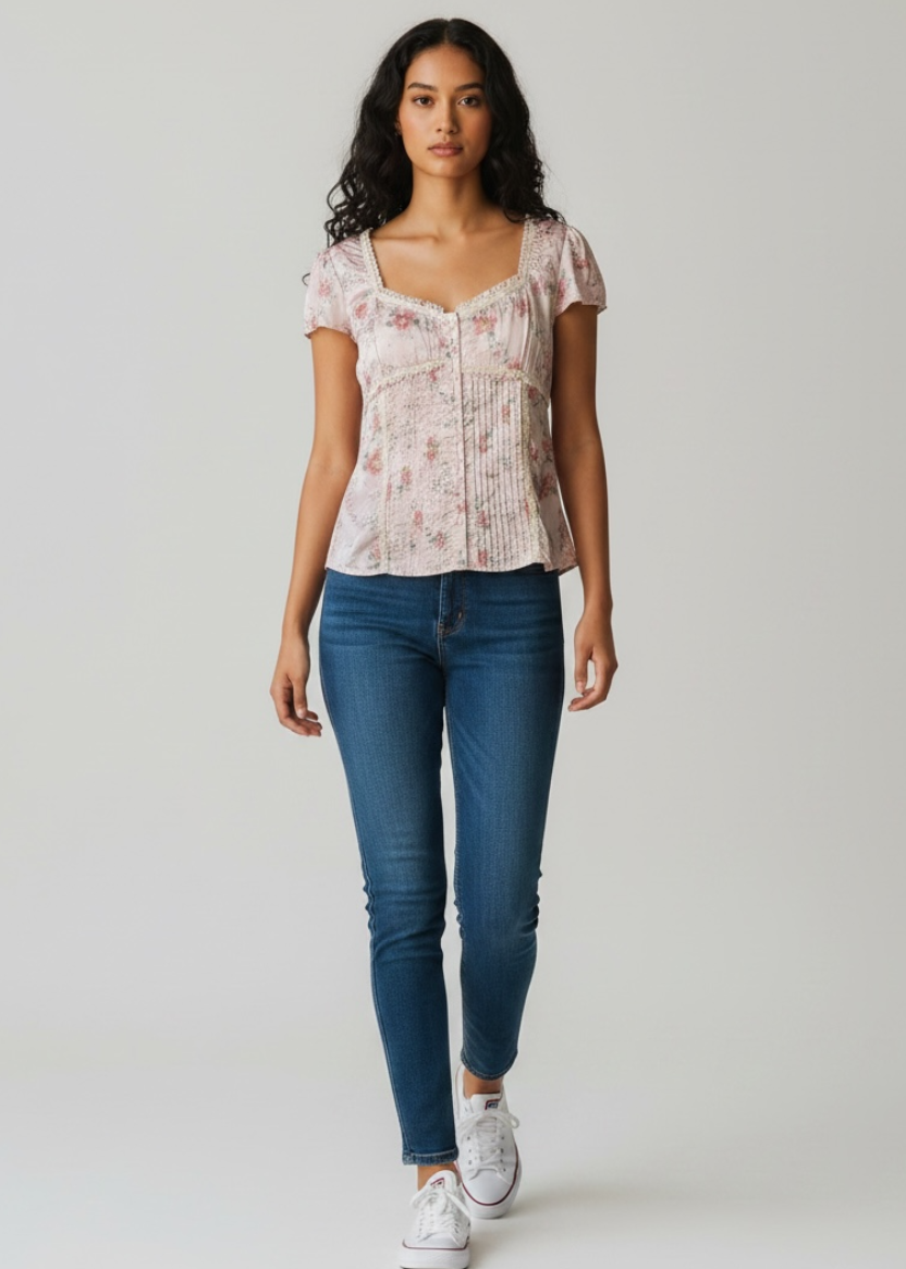 Woman wearing a floral top and blue jeans on a plain background