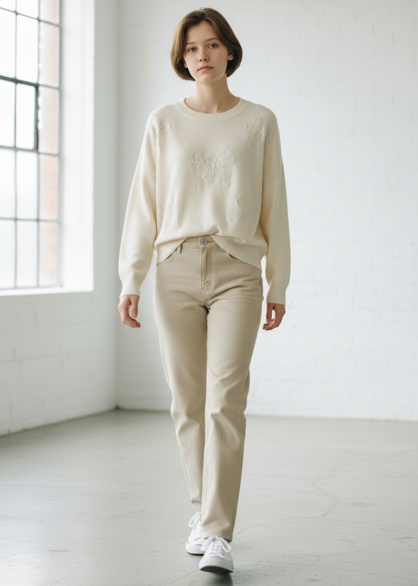 Woman wearing a cream sweater and beige pants in a minimalistic room.