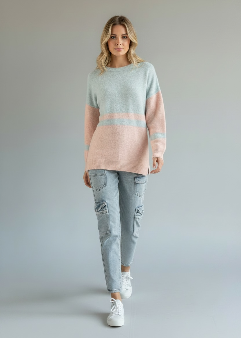 Woman wearing a pastel striped sweater and light blue jeans on a plain background