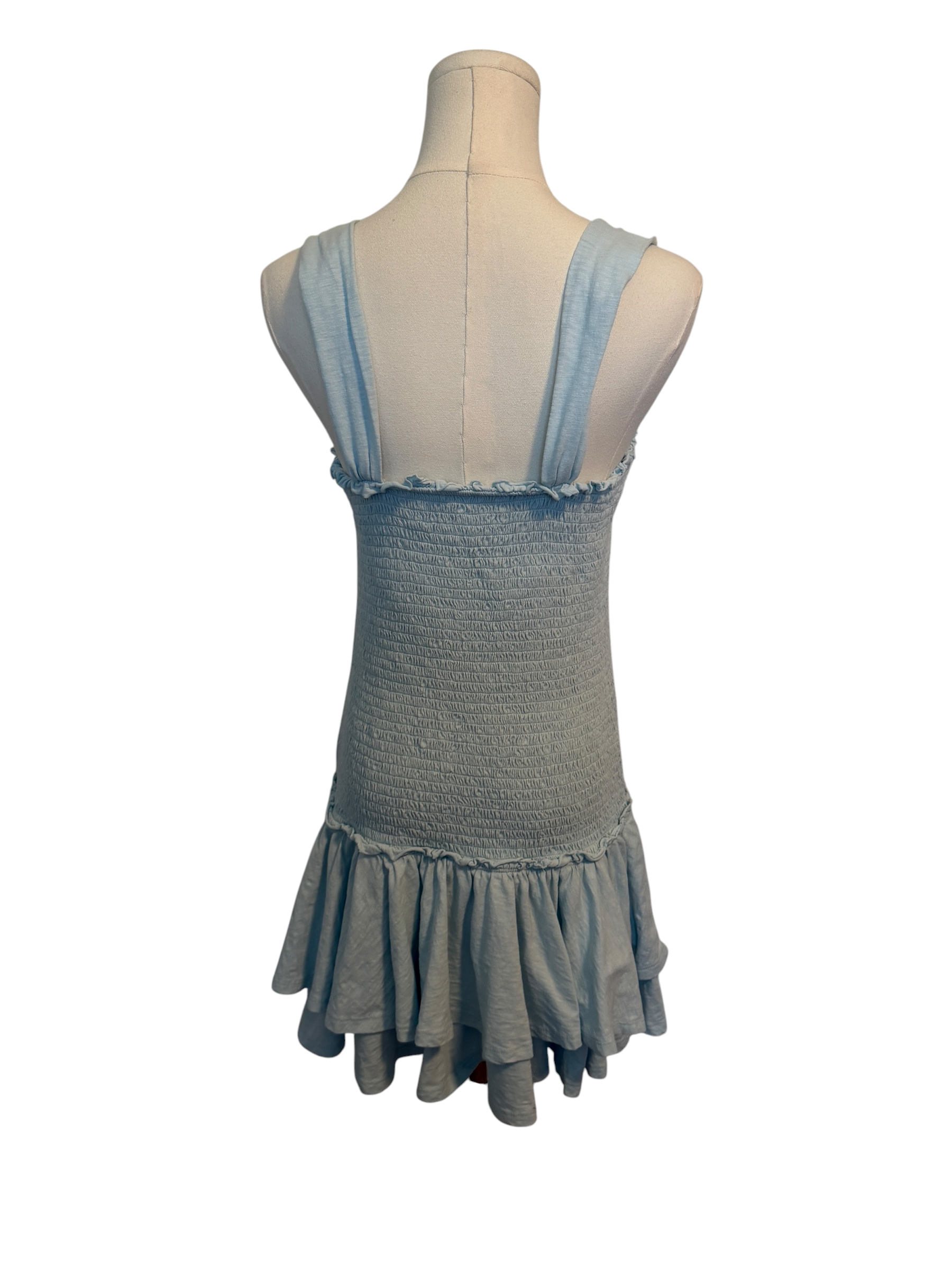 Gray dress with sheer blue straps on a mannequin against a white background