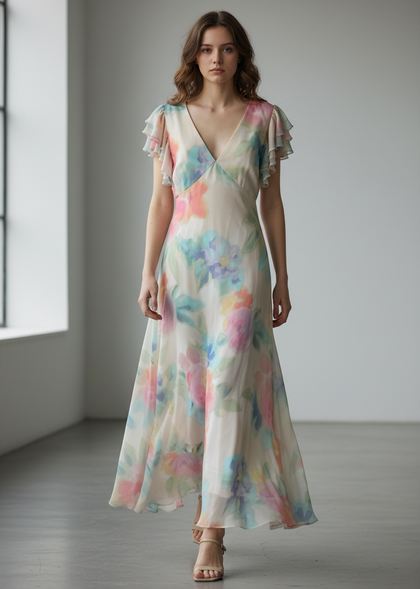 Woman wearing a colorful floral dress in a minimalistic setting
