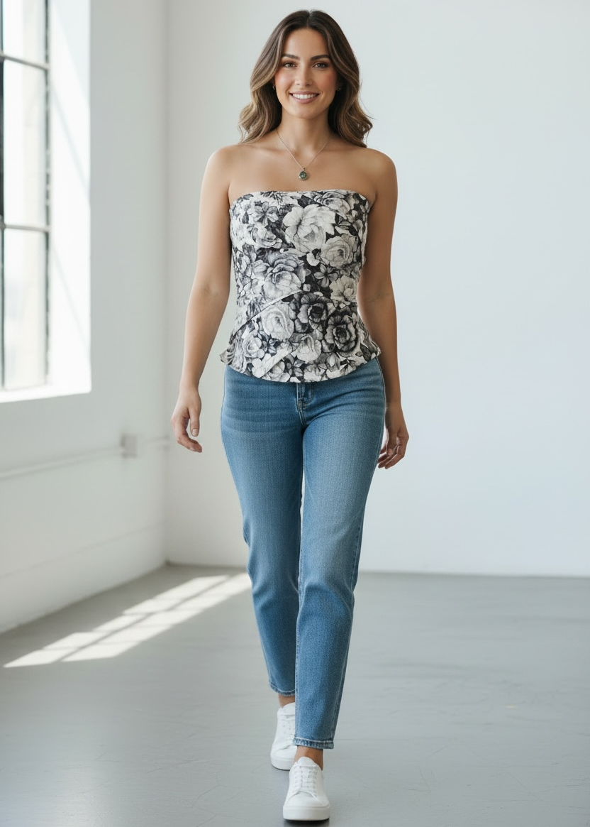 Woman wearing a floral strapless top and blue jeans in a bright room.