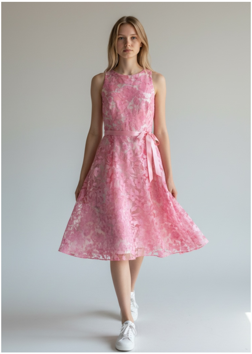 Woman wearing a pink floral dress against a plain background