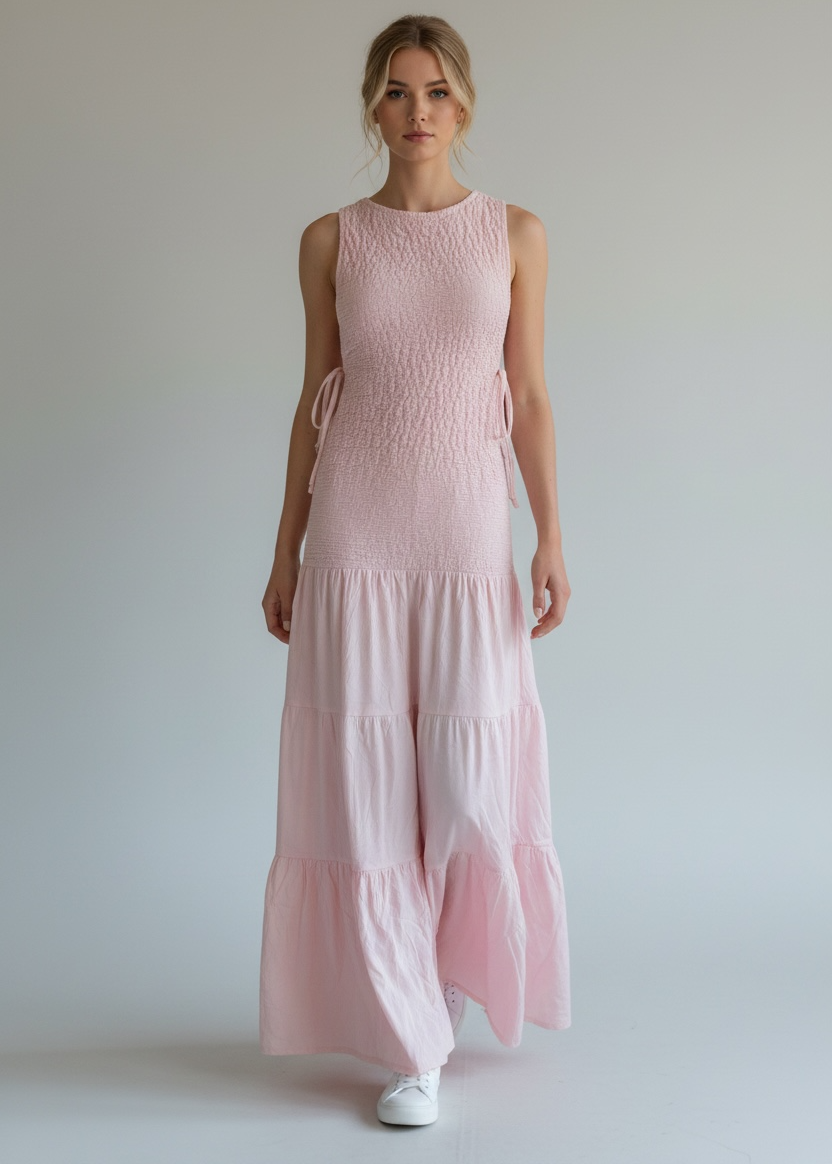 Woman wearing a pink dress against a plain background
