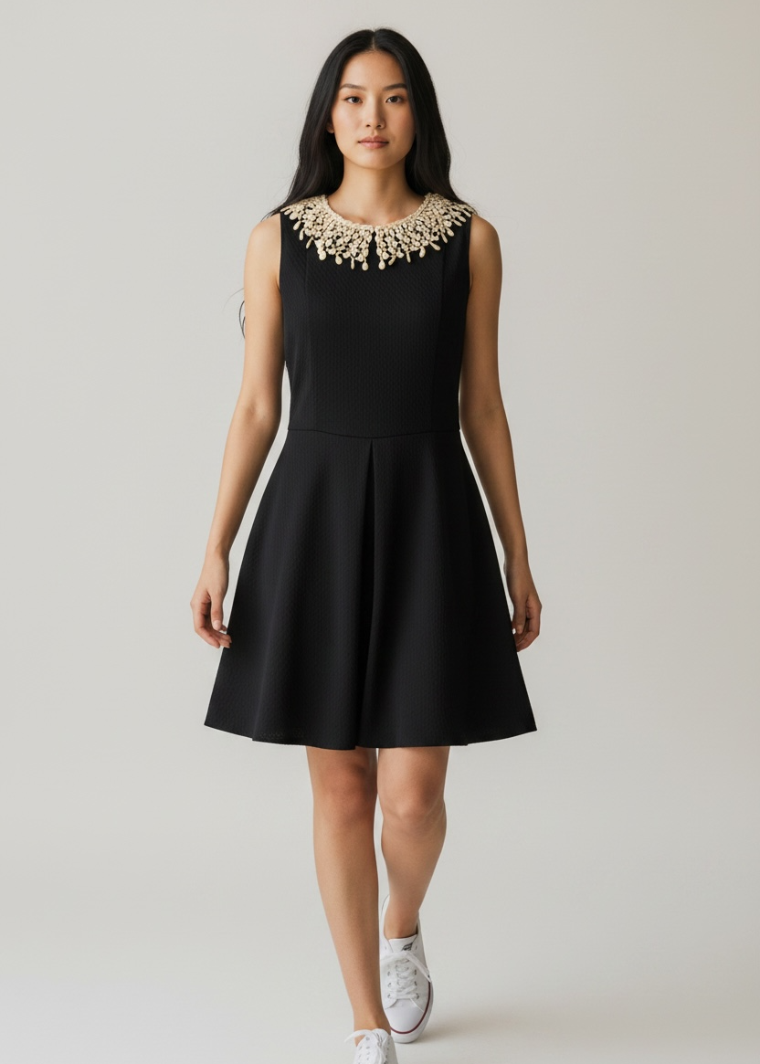 Woman wearing a black dress with a decorative collar against a plain background