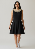 Woman wearing a black dress with a decorative collar against a plain background