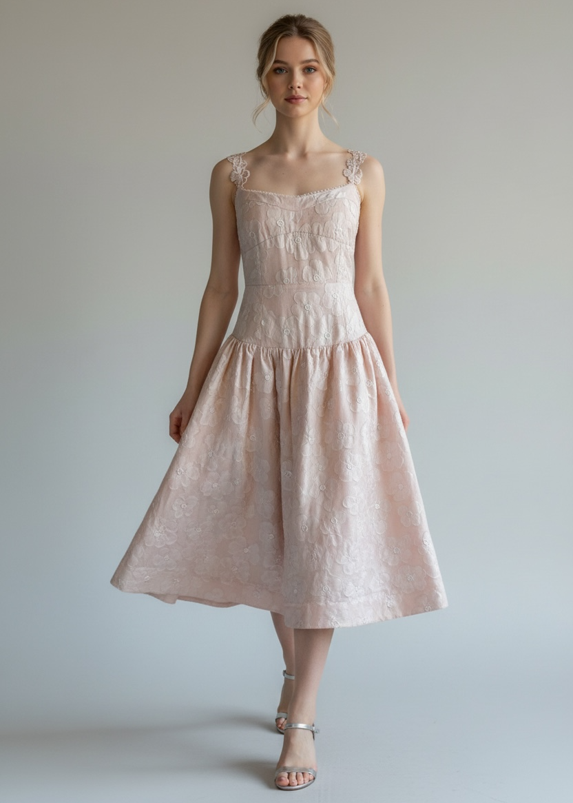 Woman wearing a light pink dress against a plain background