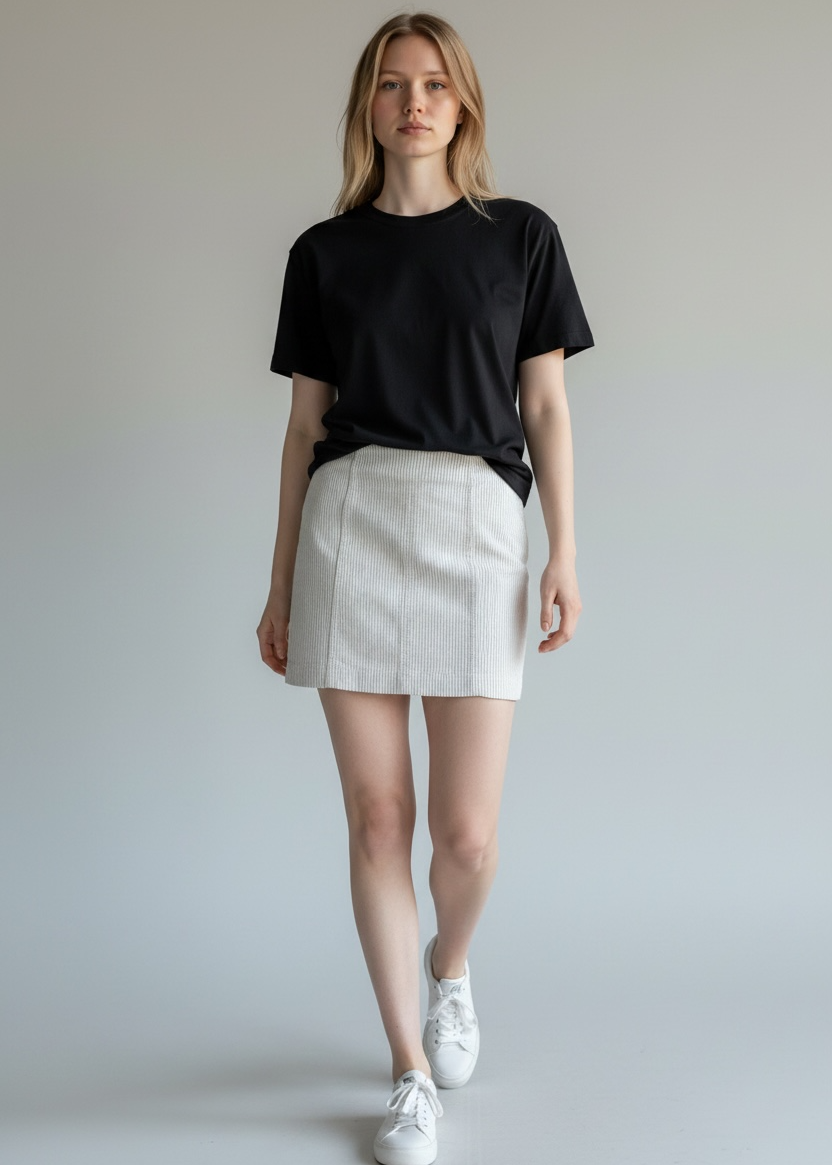 Woman wearing a black t-shirt and white skirt with white sneakers on a plain background