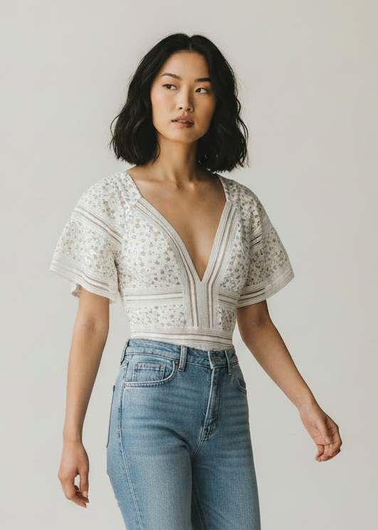 Woman wearing a white lace top and blue jeans on a plain background