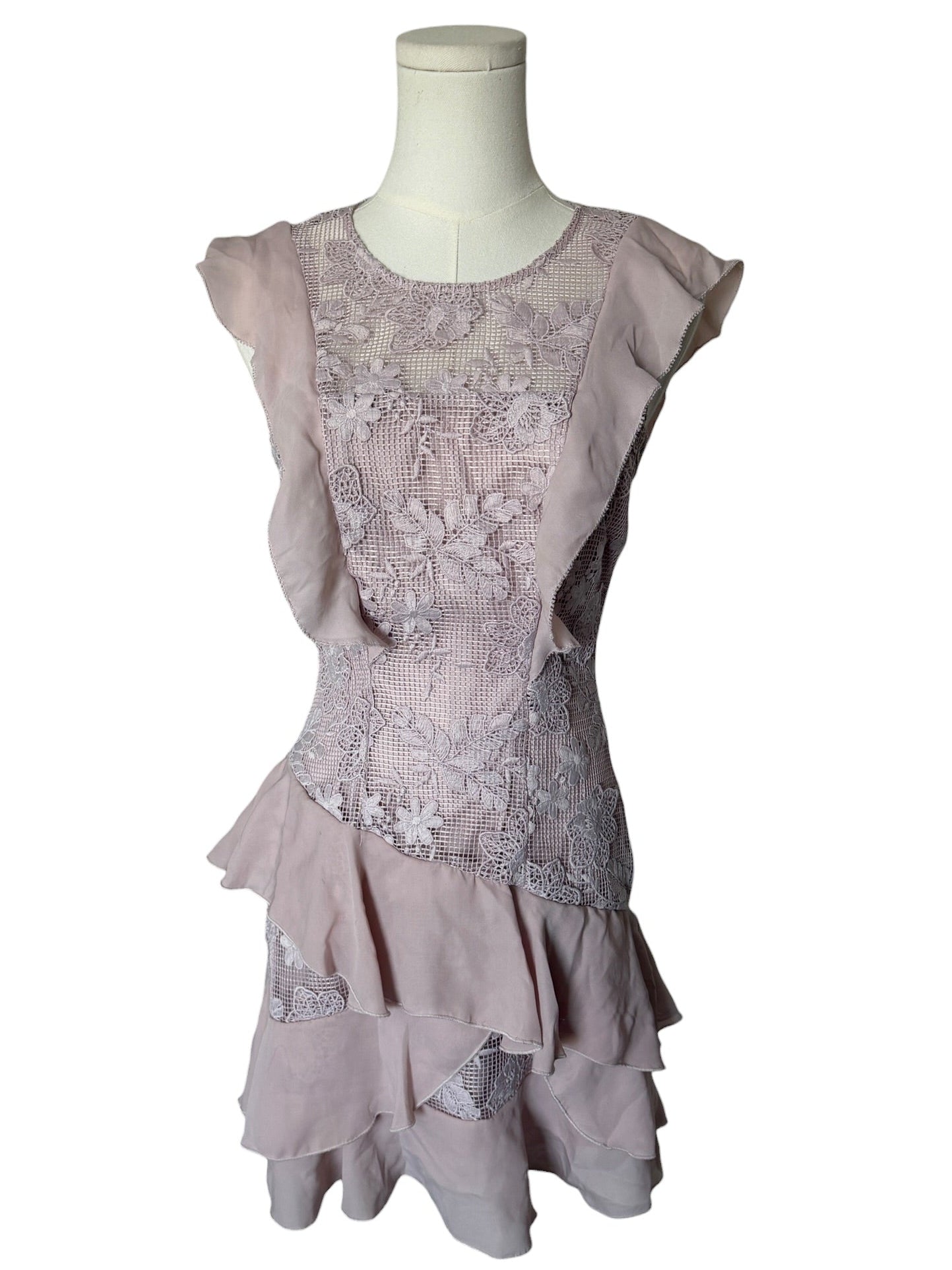 Pink lace dress on a mannequin against a white background