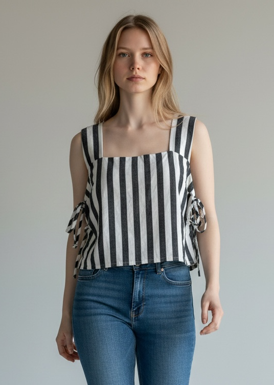 Woman wearing a black and white striped sleeveless top and blue jeans against a plain background