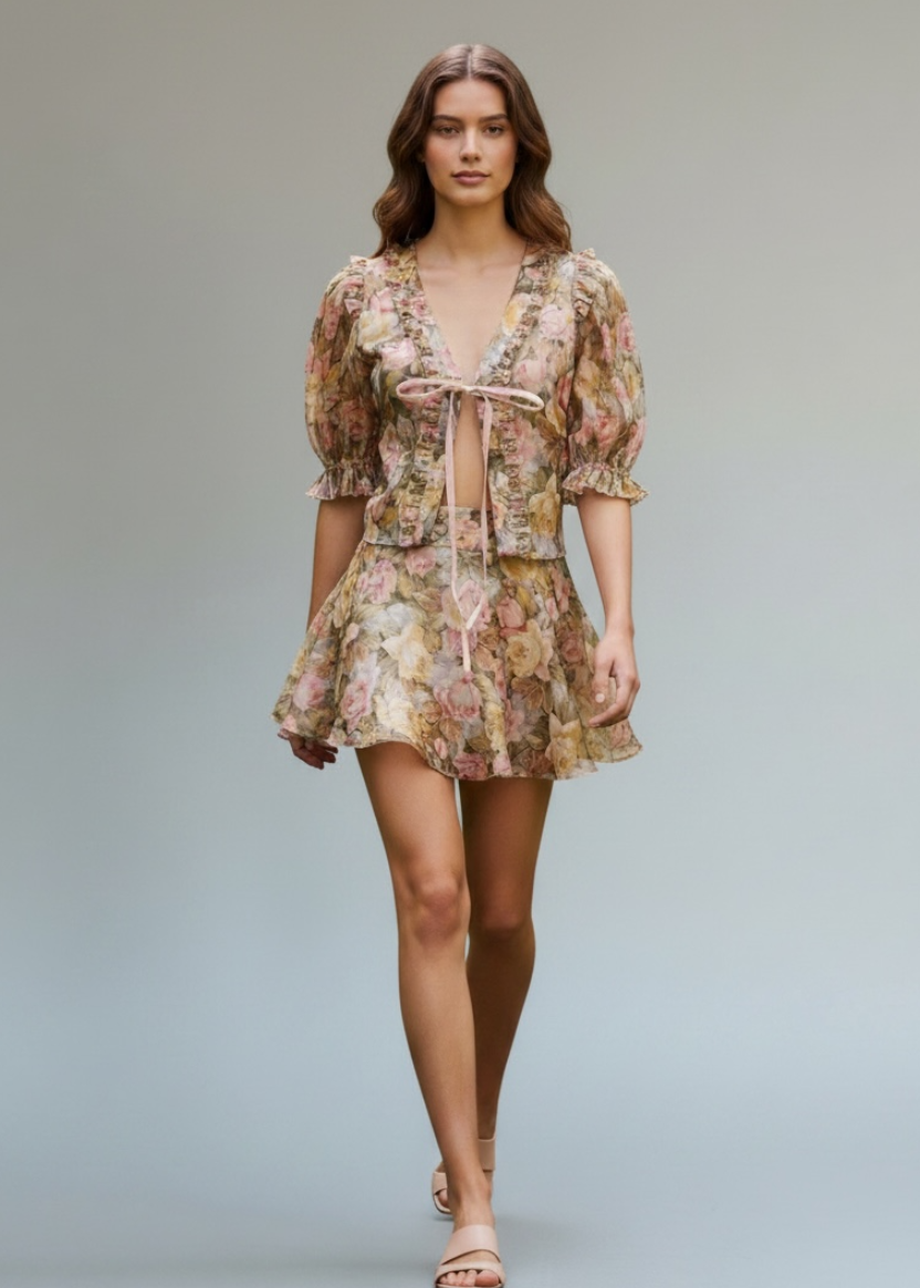 Woman wearing a floral dress on a plain background