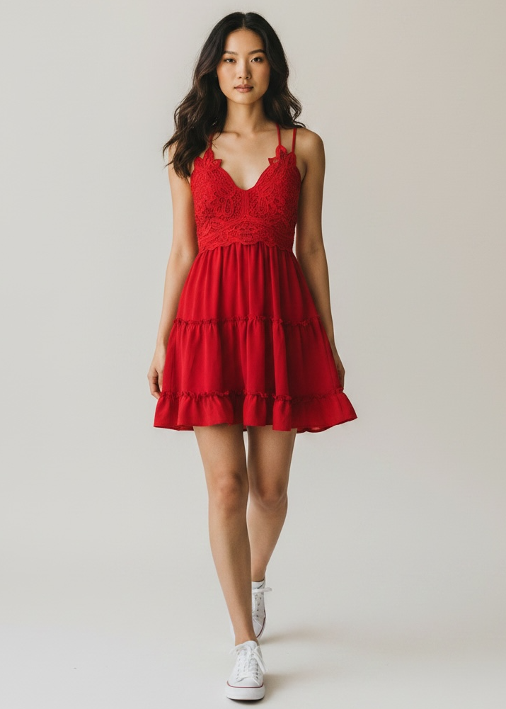 Woman wearing a red dress on a plain background