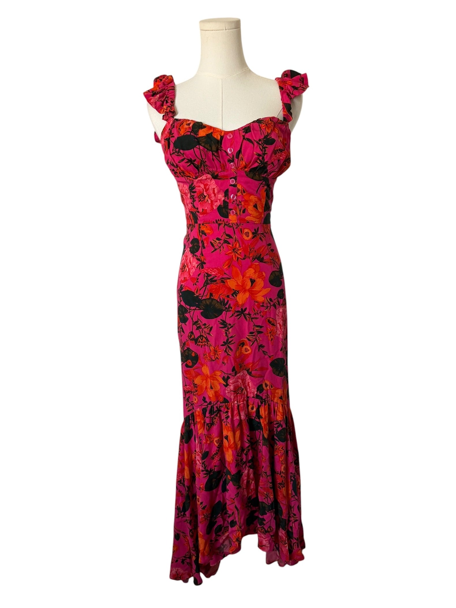 Red floral dress on a mannequin against a white background