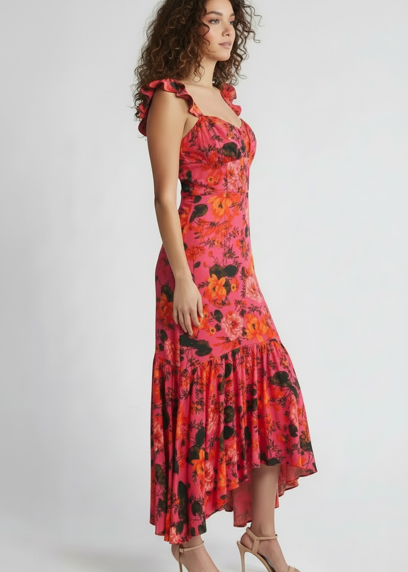 Woman wearing a red floral dress on a white background