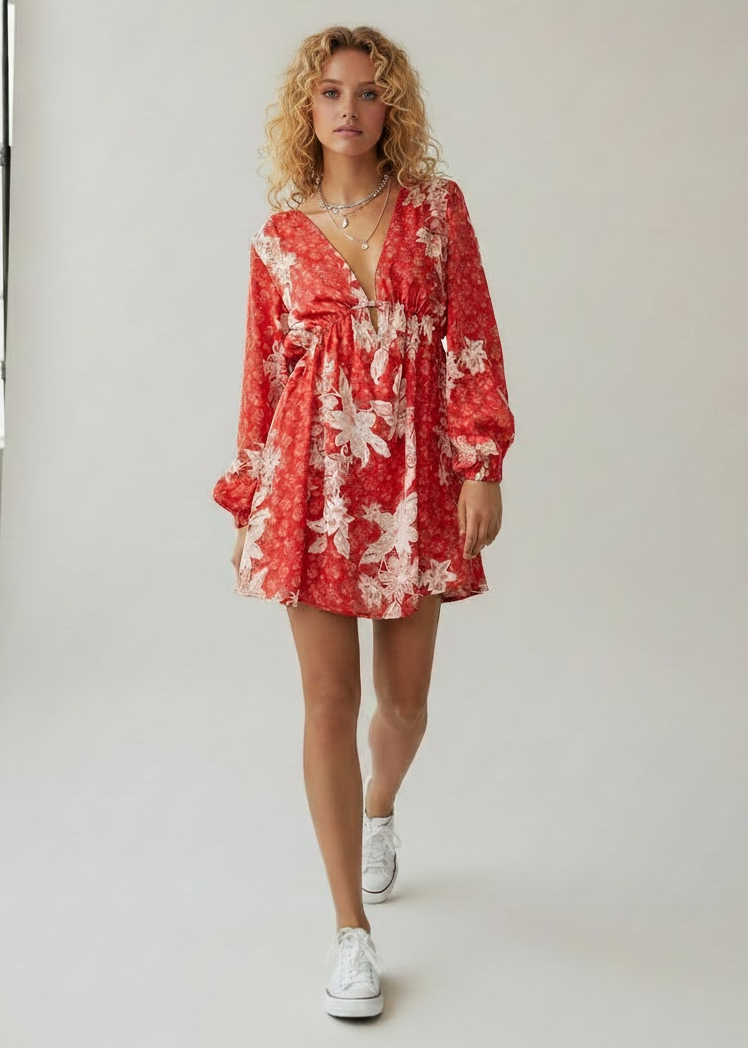 Woman wearing a red floral dress against a white background