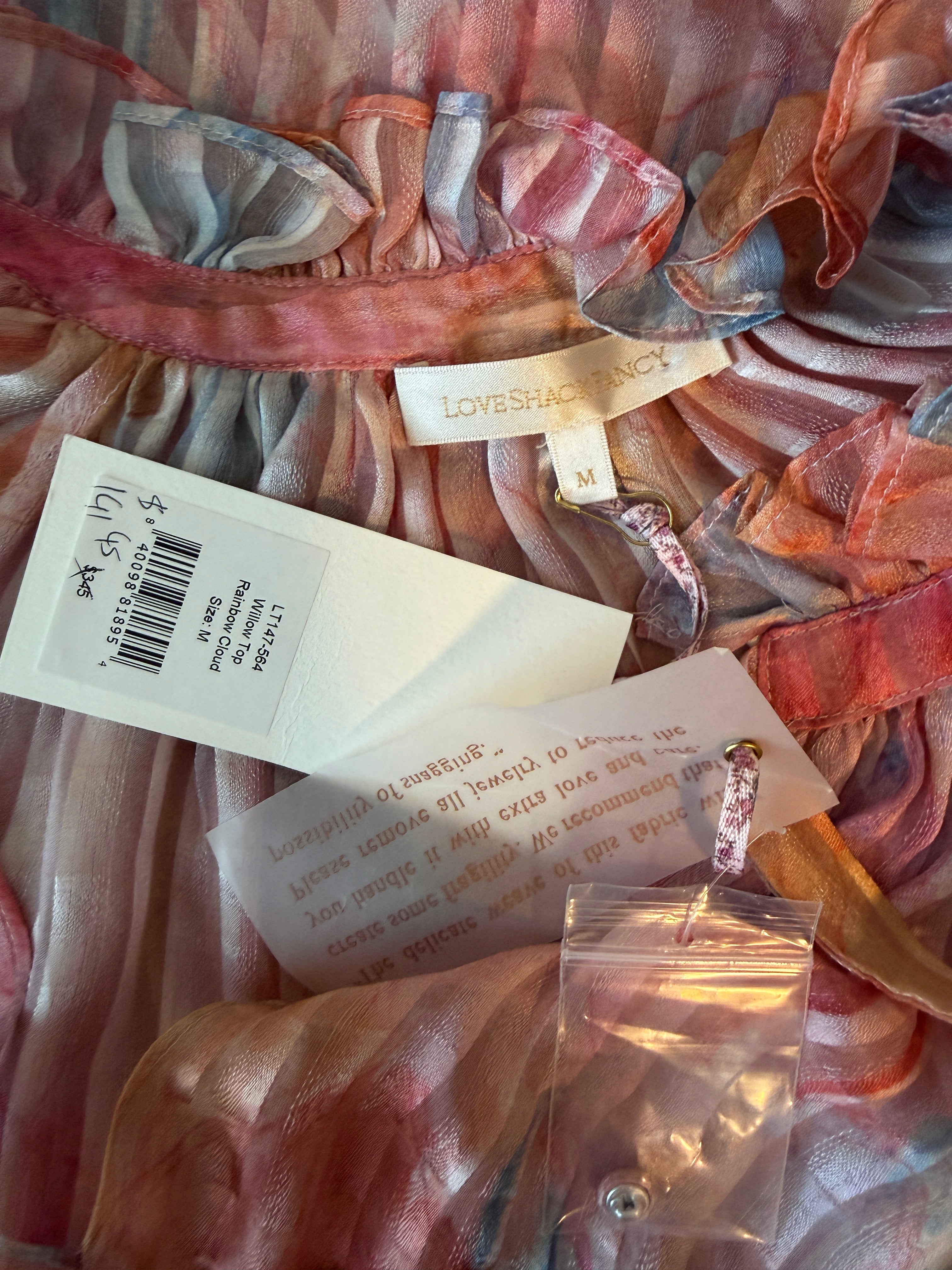 Close-up of fabric with tags and ribbons on a textured background