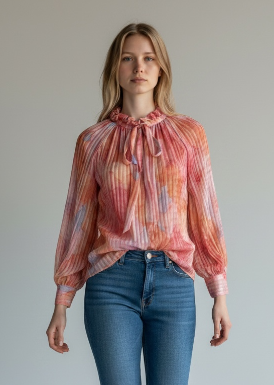Woman wearing a patterned blouse and blue jeans against a plain background