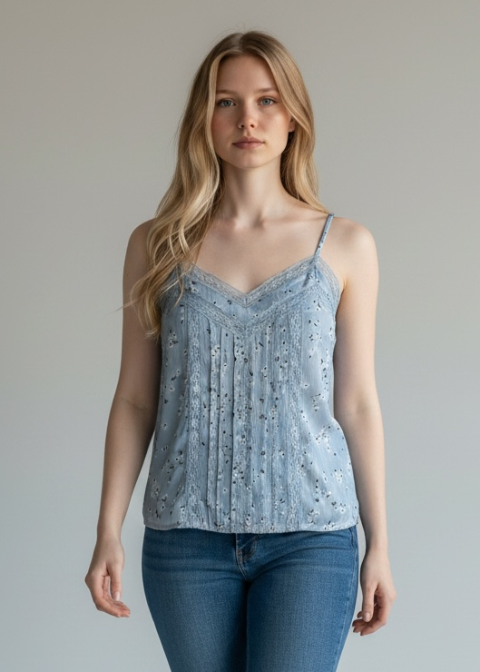 Woman wearing a light blue patterned tank top and blue jeans against a plain background