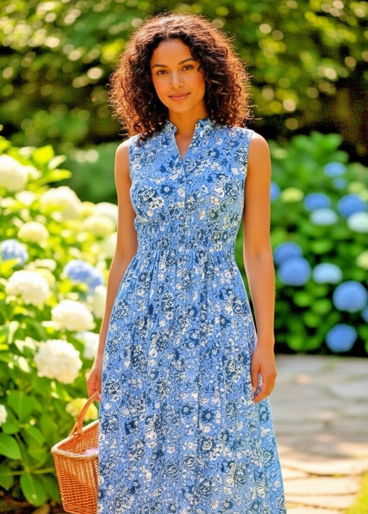 Woman in a blue floral dress standing in a garden with hydrangeas.