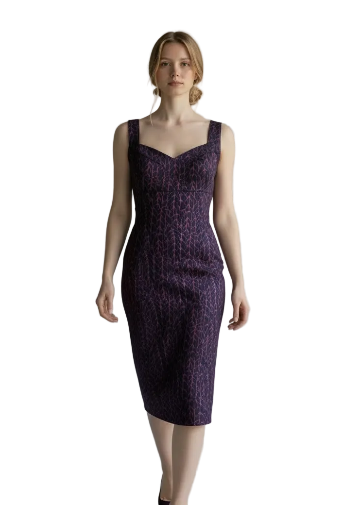 Woman wearing a fitted purple dress against a plain background
