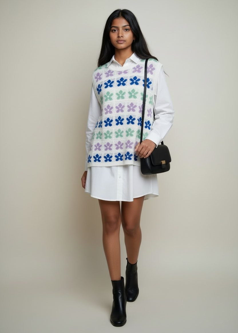 Woman wearing a white sweater with floral patterns, white skirt, and black boots on a plain background