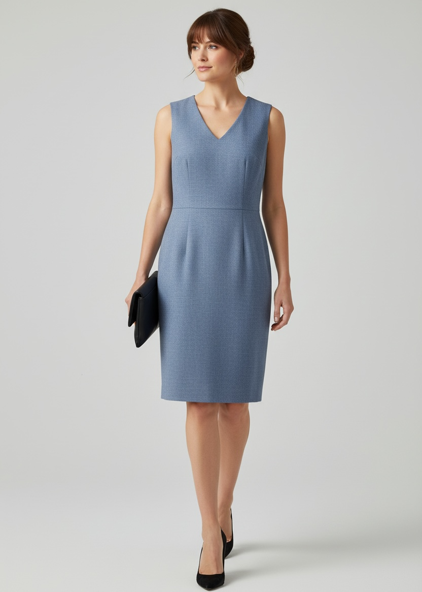 Woman wearing a blue dress holding a black clutch against a white background