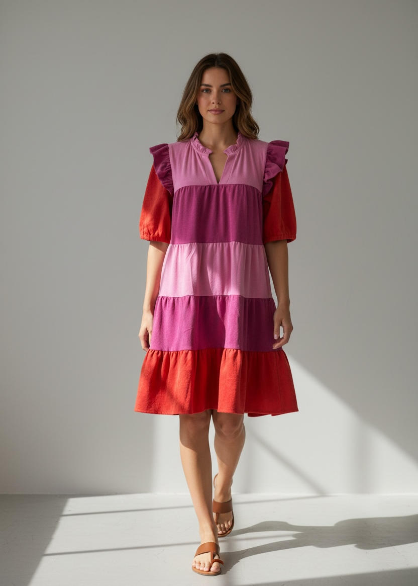 Woman wearing a colorful dress with ruffled sleeves against a neutral background