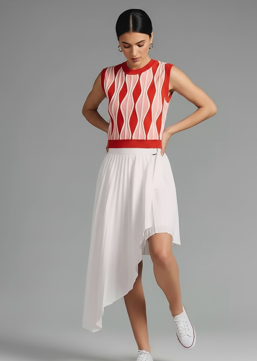 Woman wearing a red and white sleeveless top with a white skirt on a gray background