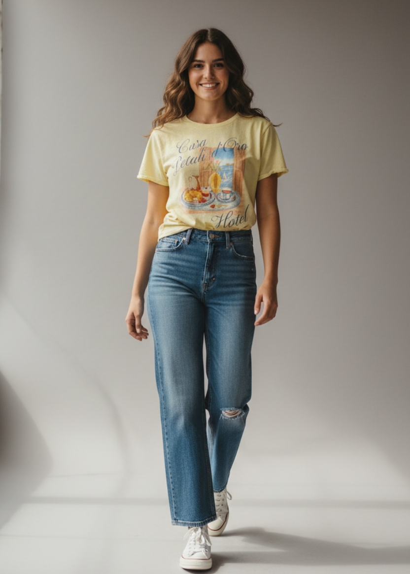 Woman wearing a yellow t-shirt and blue jeans standing in a well-lit room.