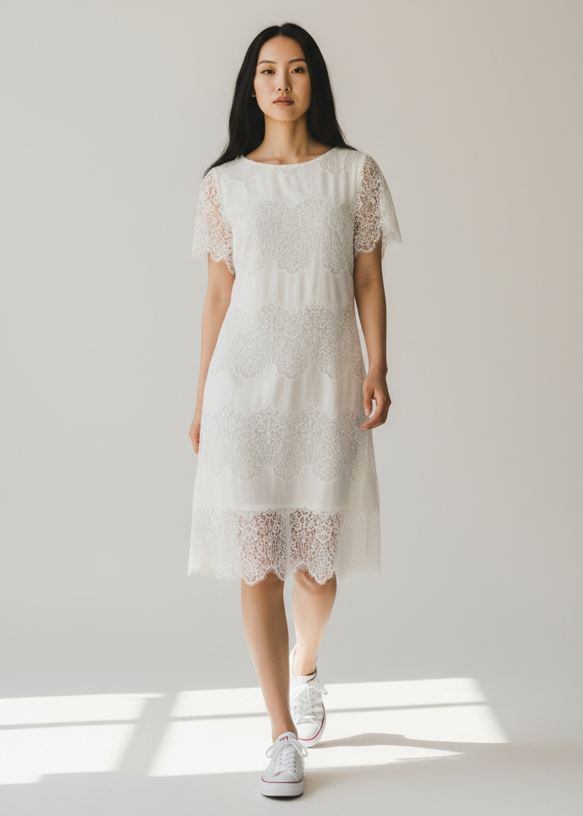 Woman wearing a Ivory lace dress with sneakers on a plain background