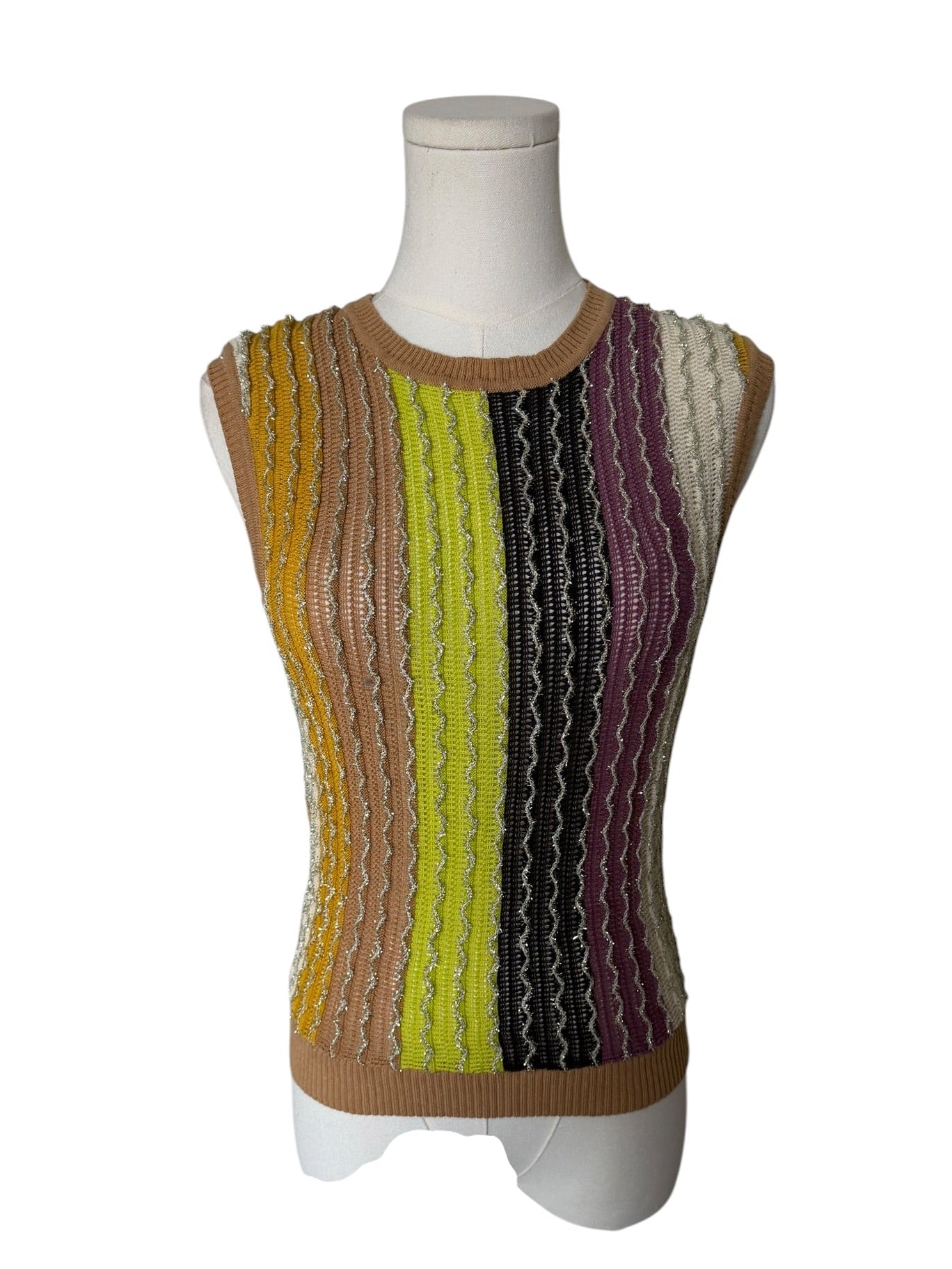 Colorful striped sleeveless sweater on a mannequin against a white background